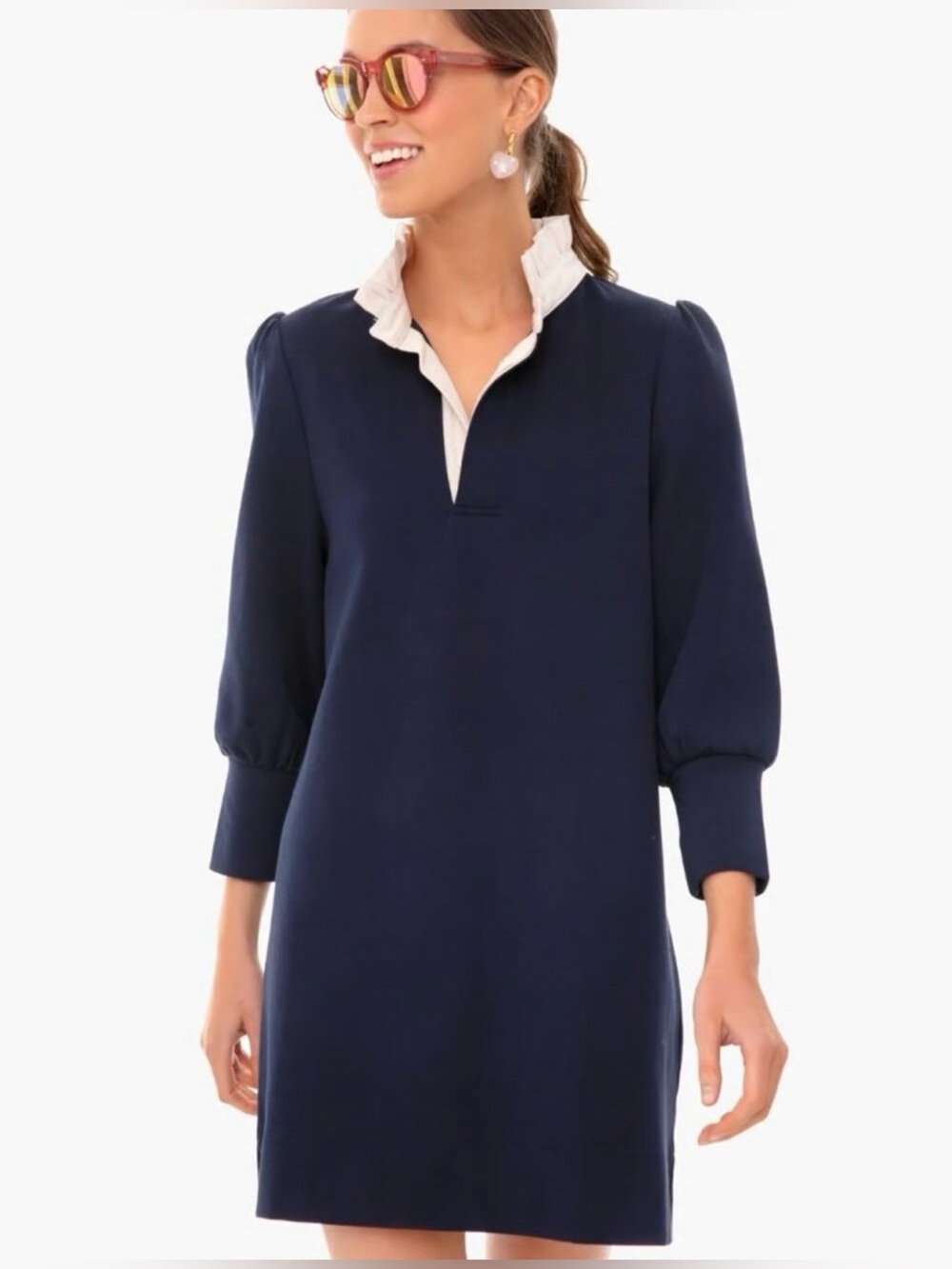 Pomander Place Charlotte Terry Shirt Dress Navy White Ruffle Collar Size M - Picture 2 of 9